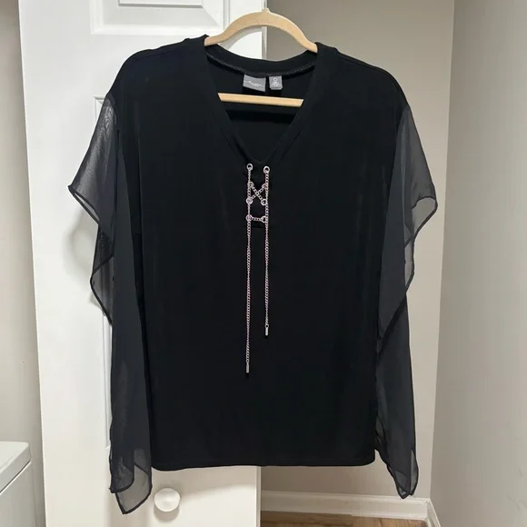 Chico's Travelers Classic Hardware Lace-Up Mesh V-Neck Top Black - Picture 6 of 8